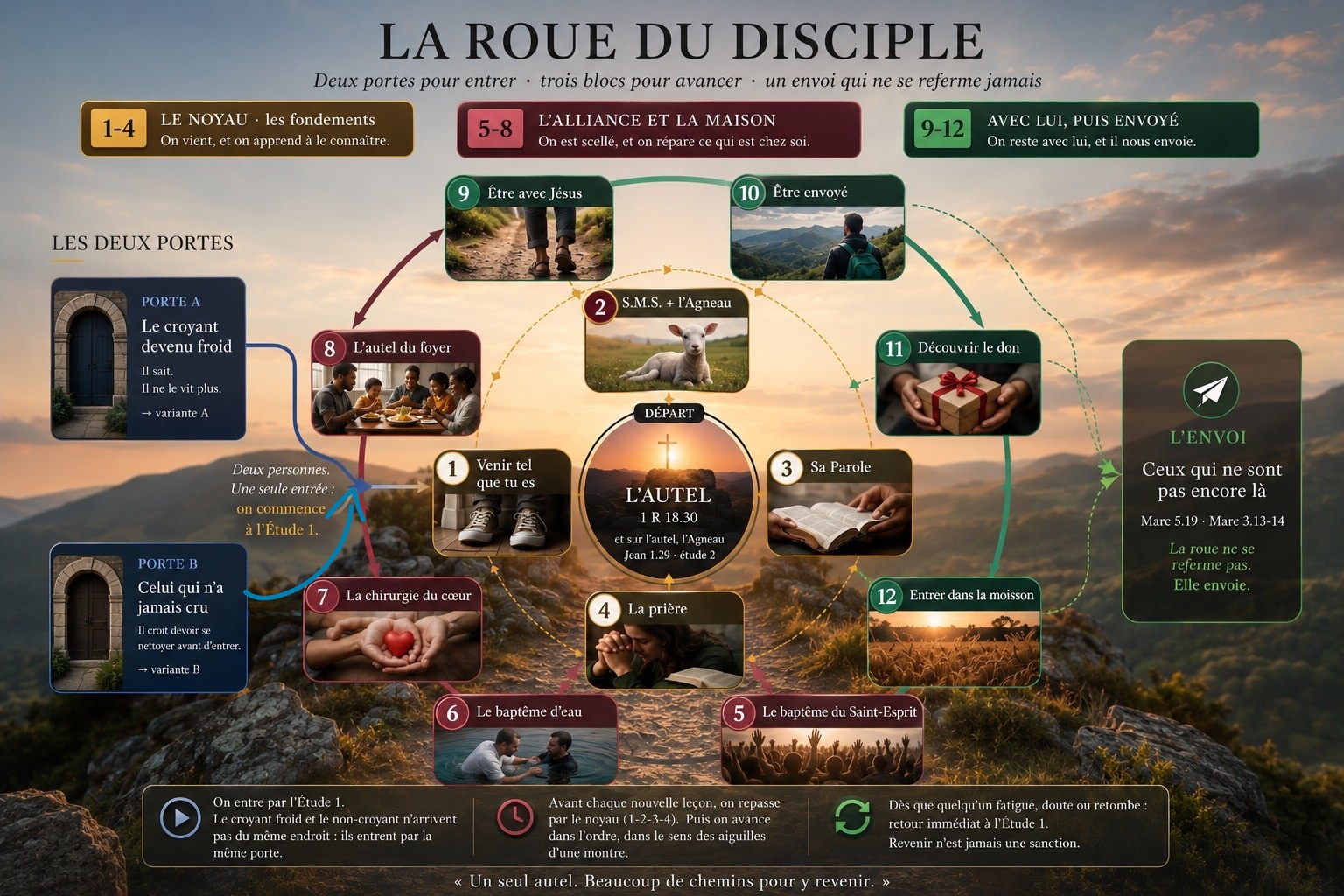 La roue du disciple : deux portes d'entrée, trois blocs, un envoi