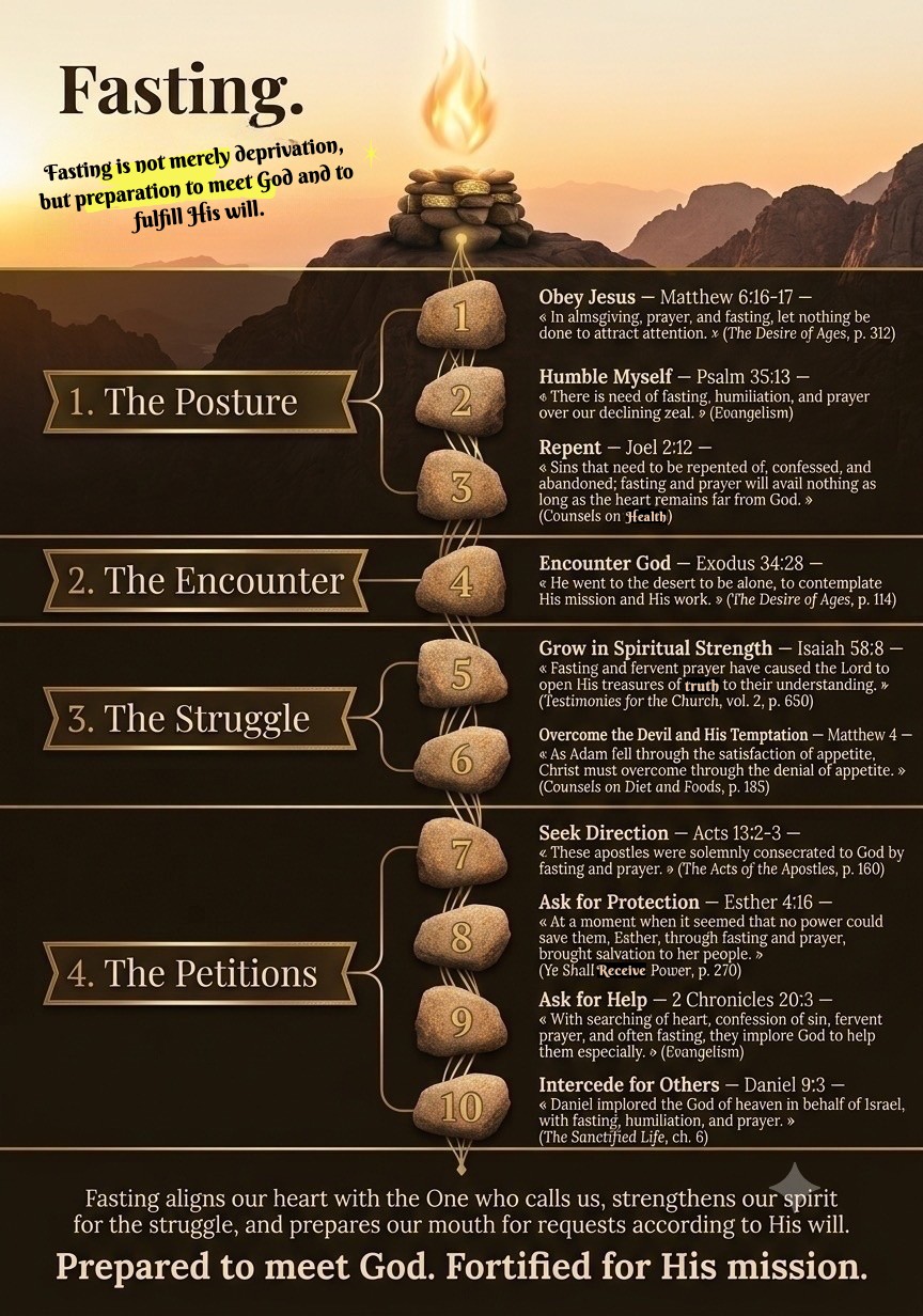 Ten reasons to fast, in four movements: the posture (obey Jesus, humble myself, repent), the encounter (meet with God, grow in spiritual strength), the struggle (overcome the devil and his temptation), the petitions (seek direction, ask for protection, ask for help, intercede for others). Each with a Bible verse and an Ellen G. White quotation.