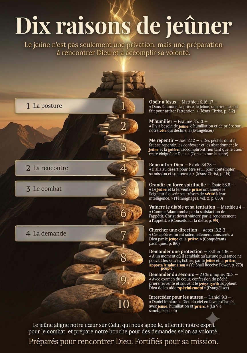 Dix raisons de jeûner, en quatre mouvements : la posture (obéir à Jésus, m'humilier, me repentir), la rencontre (rencontrer Dieu, grandir en force spirituelle), le combat (vaincre le diable et sa tentation), la demande (chercher une direction, demander une protection, demander du secours, intercéder pour les autres). Chacune avec un verset biblique et une citation d'Ellen G. White.