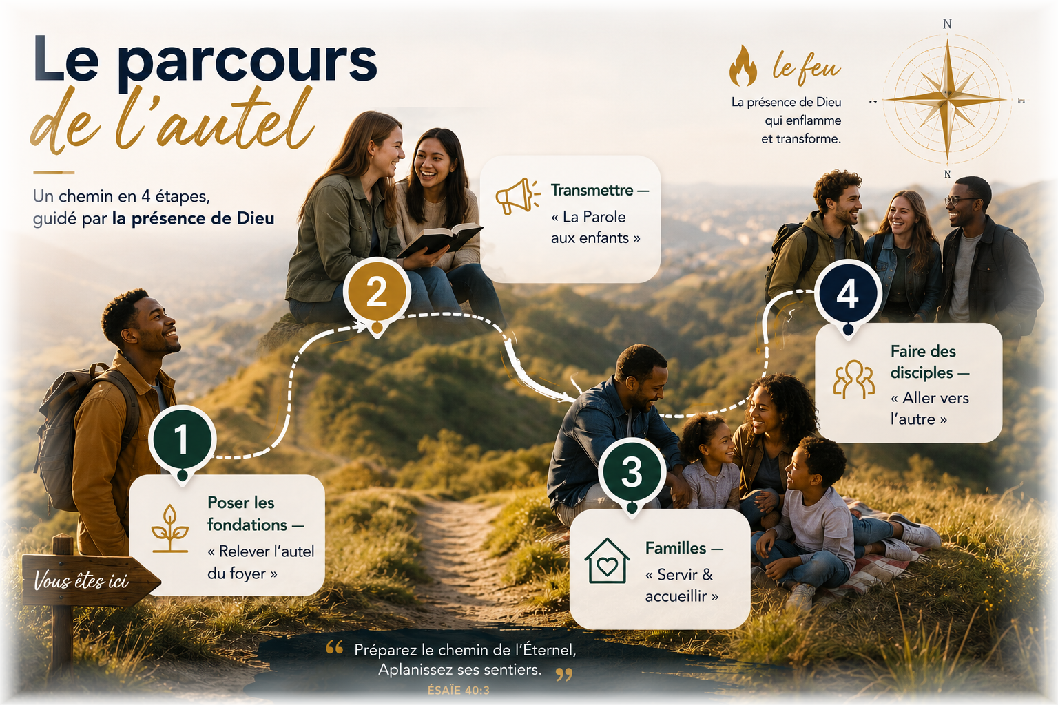 Carte du parcours en 4 étapes : 1 Poser les fondations, 2 Transmettre la Parole aux enfants, 3 Familles — servir et accueillir, 4 Faire des disciples — le départ est marqué « Vous êtes ici »