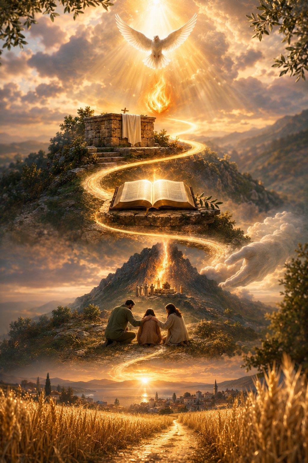 Le parcours de l'intercession, du Saint-Esprit à la moisson : la colombe et la flamme, l'autel de pierre, la Bible ouverte, le feu au Carmel, la prière commune, le champ mûr et le village au soleil levant