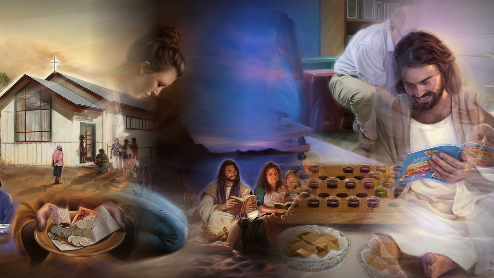 Jésus au milieu des siens, l'église au couchant et le repas partagé — Dieu avec nous, l'Emmanuel